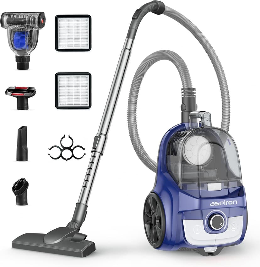 Aspiron Canister Vacuum, Upgraded 1600W Bagless Canister Vacuum Cleaner, Auto Cord Rewind, H13 HEPA Filter, 4Qt Large Capacity, 5 Tools for Hard Floors, Carpet, Pet, Upholstery, Tiles, Sapphire