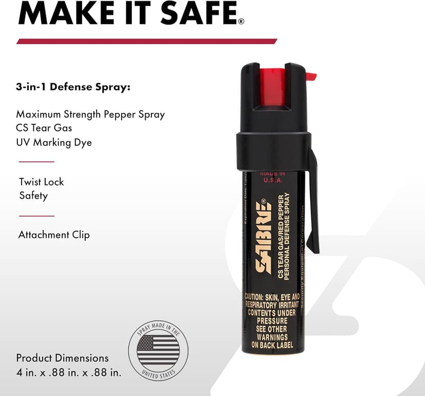SABRE 3-in-1 Compact Defense Spray – Pepper Spray, Tear Gas & UV Dye, Max Police Strength, Belt Clip for Quick Access, 4X Longer Spray Time (Up to 13 Seconds), 0.67 fl oz, Secure & Easy Safety
