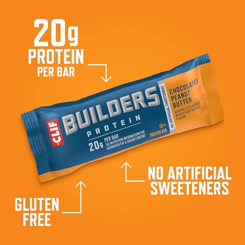 CLIF BUILDERS Protein Bars - Chocolate Peanut Butter Flavor - 20g Plant Based Protein - Gluten Free - Non-GMO - Low Glycemic - No Artificial Sweeteners - Value Pack, 2.4 oz. (12 Count)