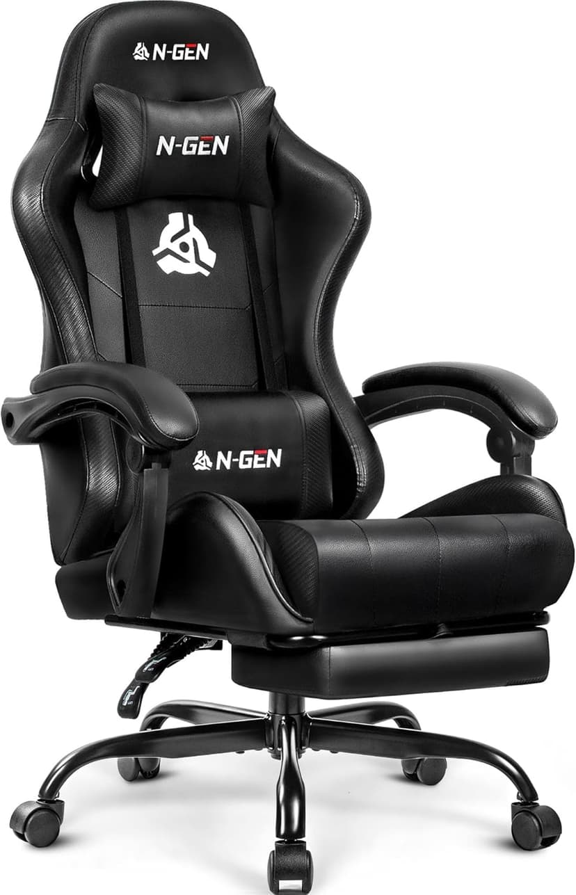 N-GEN GAMING Video Gaming Chair with Footrest Lumbar Support for Home Office High Back Recliner Height Adjustable Ergonomic Comfy Leather Computer Desk Chair (Black)