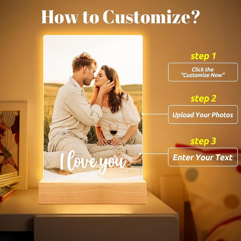 Personalized Picture Frame with Photo, Custom Photo Frame with Night Light, Customized Couple Picture Frame, Personalized Anniversary Birthday Gifts for Women Men Her Him Boyfriend Girlfriend