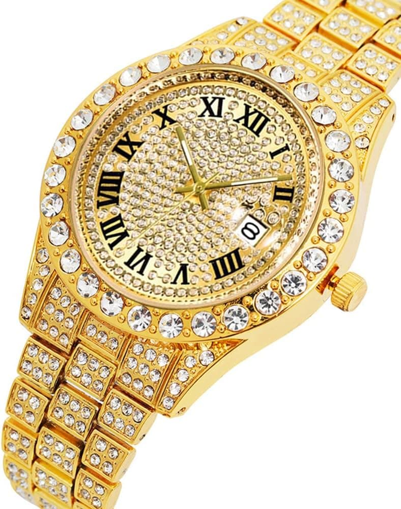 HUNRUY Hip Hop Watches for Men Iced-Out Bling Diamond Luxury Quartz Watches with Date