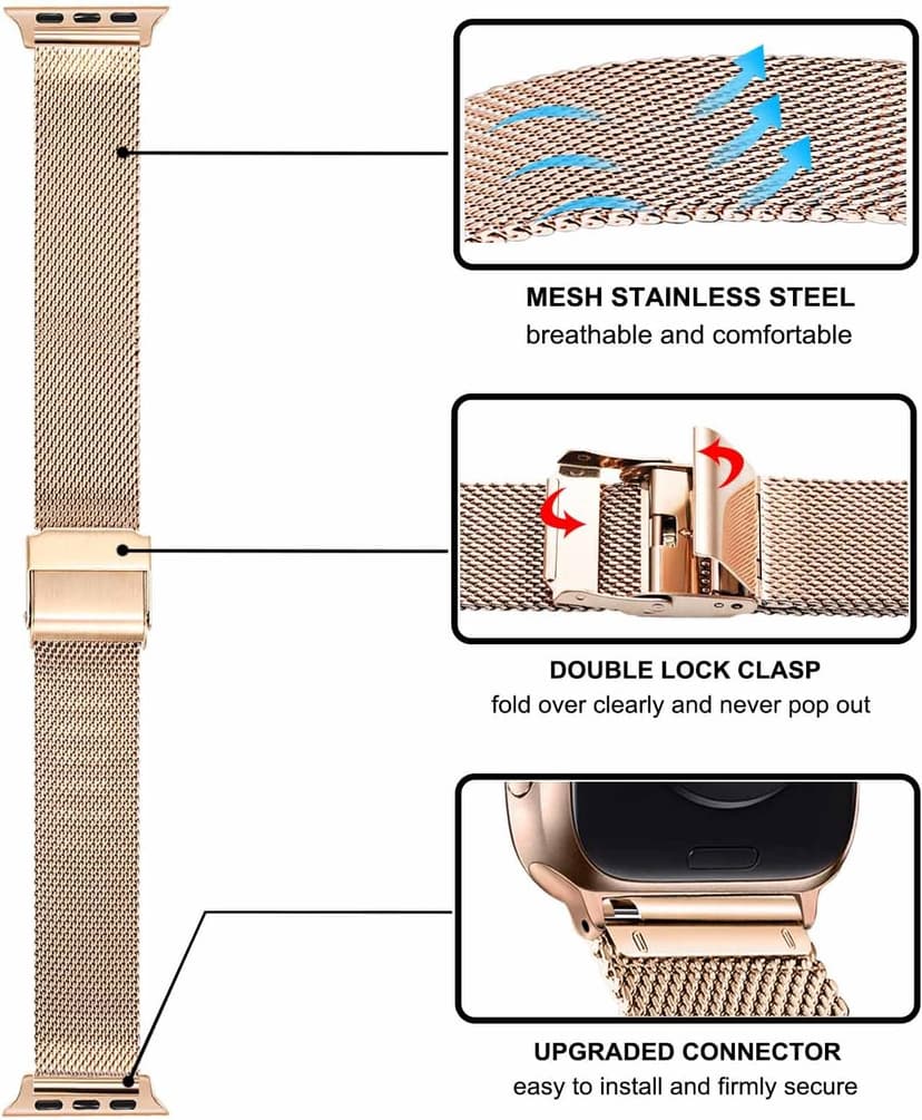 TRUMiRR Band Sets for Apple Watch 11 10 42mm / 9 8 7 41mm Rose Gold Women, 2 Pack Solid Stainless Steel Watchband + Mesh Strap for iWatch SE 3 2 Series 6 5 4 3 2 1 40mm 38mm