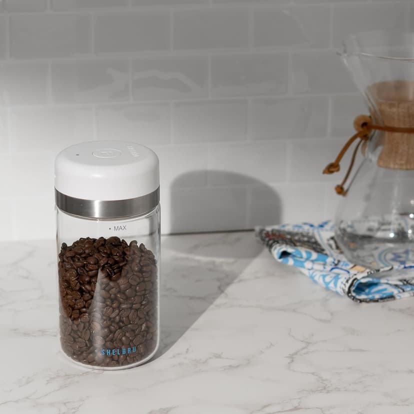 SHELBRU Smart Coffee Container & Food Storage w/Electric Vacuum Seal, Airtight Coffee Canister for Whole & Ground Bean Storage, Durable Borosilicate Glass Jar, Charging Cable Included, 10.5oz / 250g