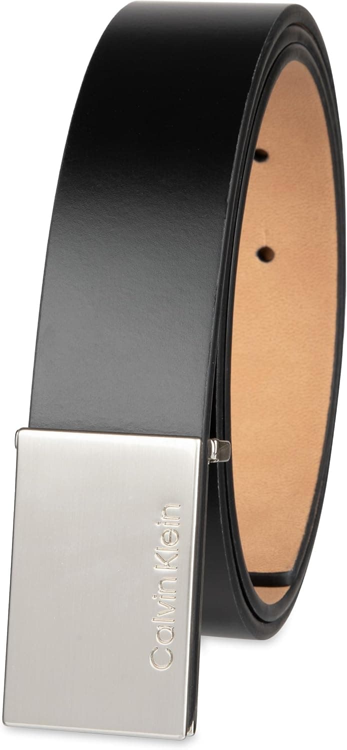 Calvin Klein Men's Modern Plaque Buckle Belt with Logo Detail for Dress Pants