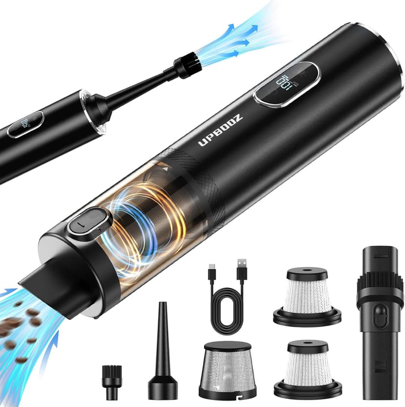 Upbooz Handheld Vacuum Cordless, Car Vacuum with 14000PA Powerful Suction with LED Light, Air Duster 2-in-1,Low Noise Rechargeable Portable Mini Vacuum Cleaner for Car Home Pet Office,Two Gears Black