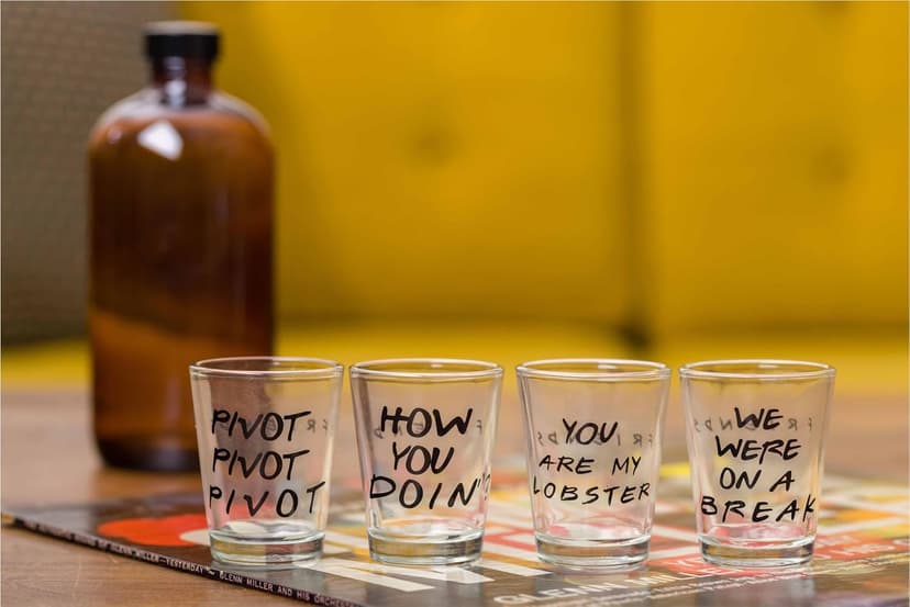 Silver Buffalo Friends Iconic Quotes "You're My Lobster," "How You Doin'" "Pivot," and "We Were On A Break!" 4 Pack Mini Glasses, 1.5 Ounces