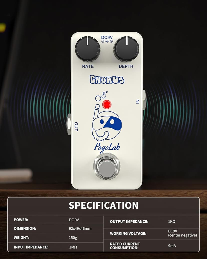 Pogolab Chorus Pedal, Chorus Guitar Pedal, Mini Analog Chorus Pedal, DC 9V, True Bypass for Electric Guitar