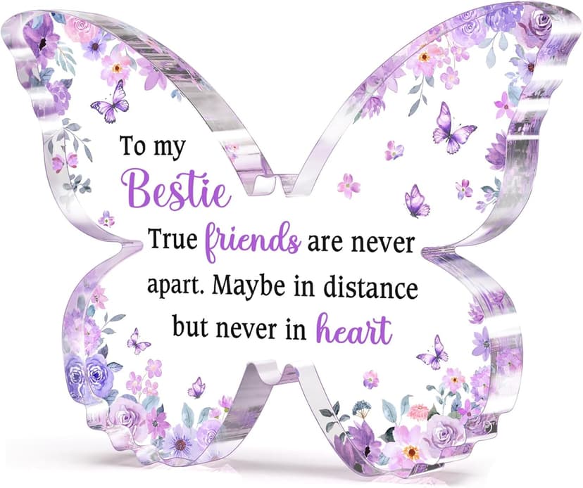 Bestie Best Friend Friendship Gifts for Women, Unique Purple Butterfly Acrylic Plaque Desk Decor, Bestie Best Friend Birthday Gifts for Women Friendship for Bff Bestfriend, 5 x 3.8 x 0.5 inches