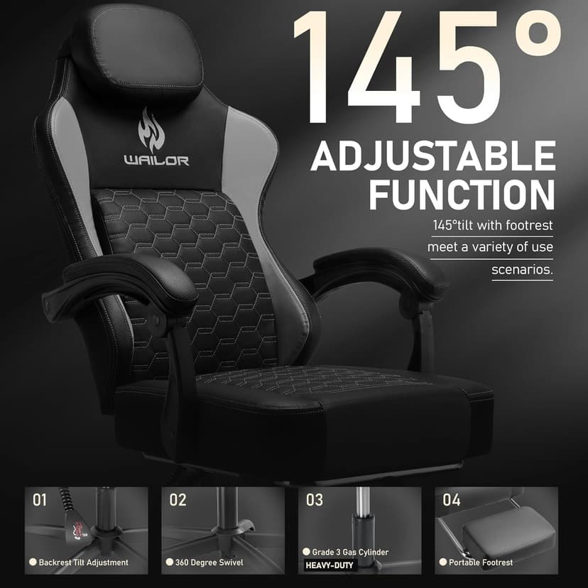 WAILOR Gaming Chair with Pocket Spring Cushion, Video Game Computer Chair with Footrest for Adults, High Back Gamer Leather Chair with Headrest and Lumbar Support for Office Gaming 300LBS