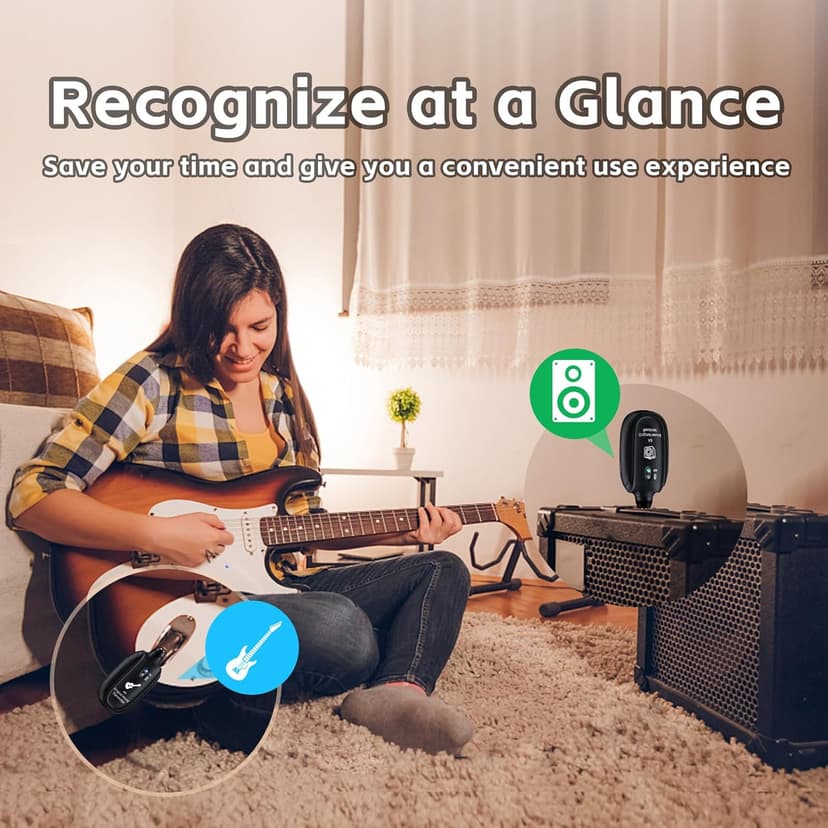 A8 Wireless Guitar Transmitter Receiver System, 2.4GHz Rechargeable, 24-bit/48KHz Audio, Low Latency <4ms for Electric Guitar & Bass, Wireless Audio Transmitter & Receiver (A8(1TX+1RX))