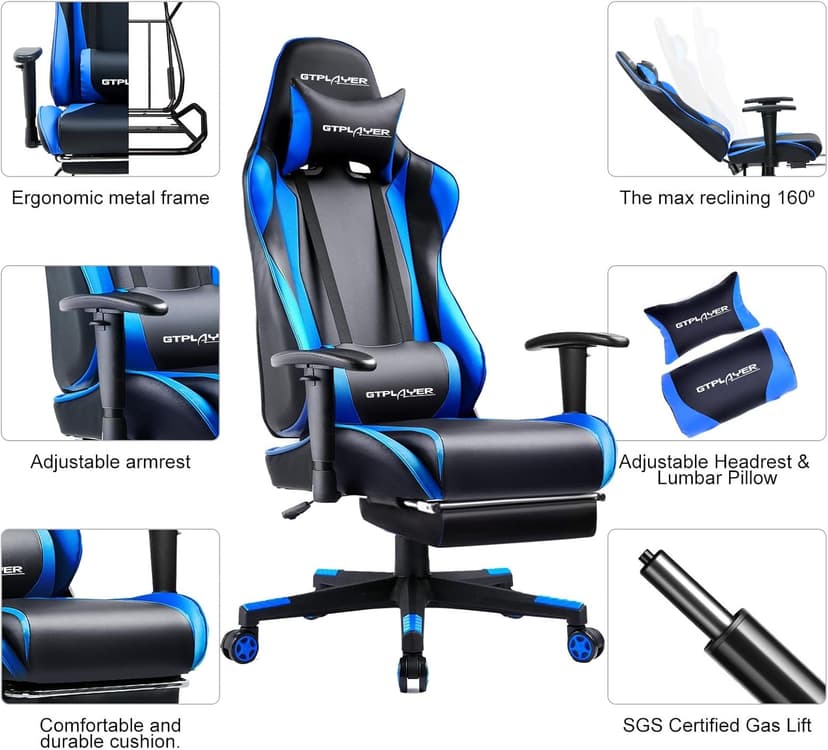GTPLAYER Gaming Chair with Footrest, Ergonomic Computer Game Desk Chair, Reclining Game Chair Seat Height Adjustment, Swivel Rocker with Headrest and Lumbar (Blue)