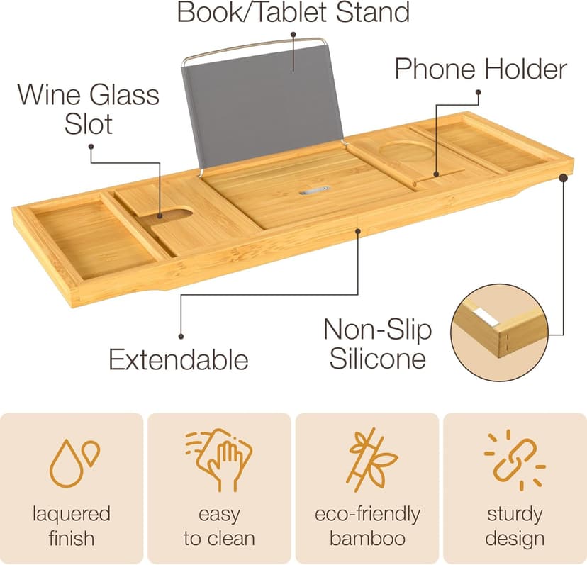 Bathtub Tray - Expandable Bamboo Bath Tray for Tub with Wine Glass Holder, Book & Tablet Stand - Wooden Bathtub Caddy Tray Table for Bathroom Accessories, Spa Relaxation, Housewarming & Wedding Gift