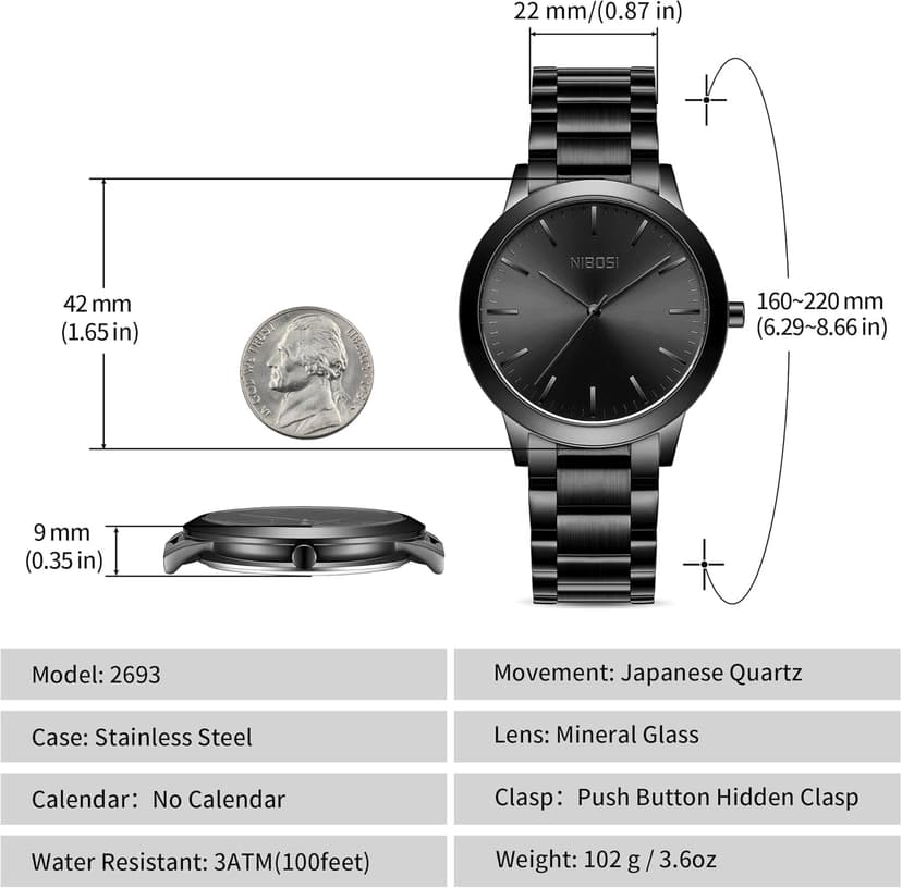 NIBOSI Men Watches Analog Quartz Stainless Steel Black Watches for Men Waterproof Business Classic Watch Fashion Minimalist Ultra Thin Wrist Watch for Work and Casual Wear