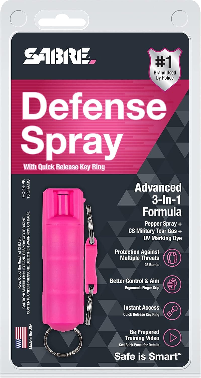 SABRE 3-in-1 Defense Spray – Pepper Spray, Tear Gas & UV Dye, Quick Release Keychain for Easy Carry, Finger Grip for Aim, 3X Longer Spray Time (Up to 10 Seconds), Max Police Strength, 0.54 fl oz