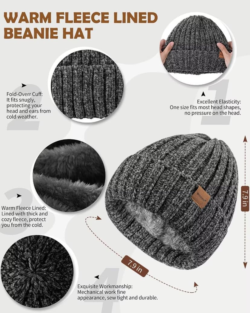 Women Beanie Scarf Gloves Headband Set, Chenille Winter Hats Fleece Lined Ear Warmer Knit Scarf Touchscreen Gloves 4 Gift Set