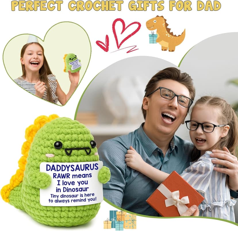 OCCdesign Mini Christmas Birthday Gifts for Dad from Daughter Son RAWR I Love You Daddy Handmade Crochet Cute Small Dinosaur for Daddy Dad Bonus Step Father in Law New Father