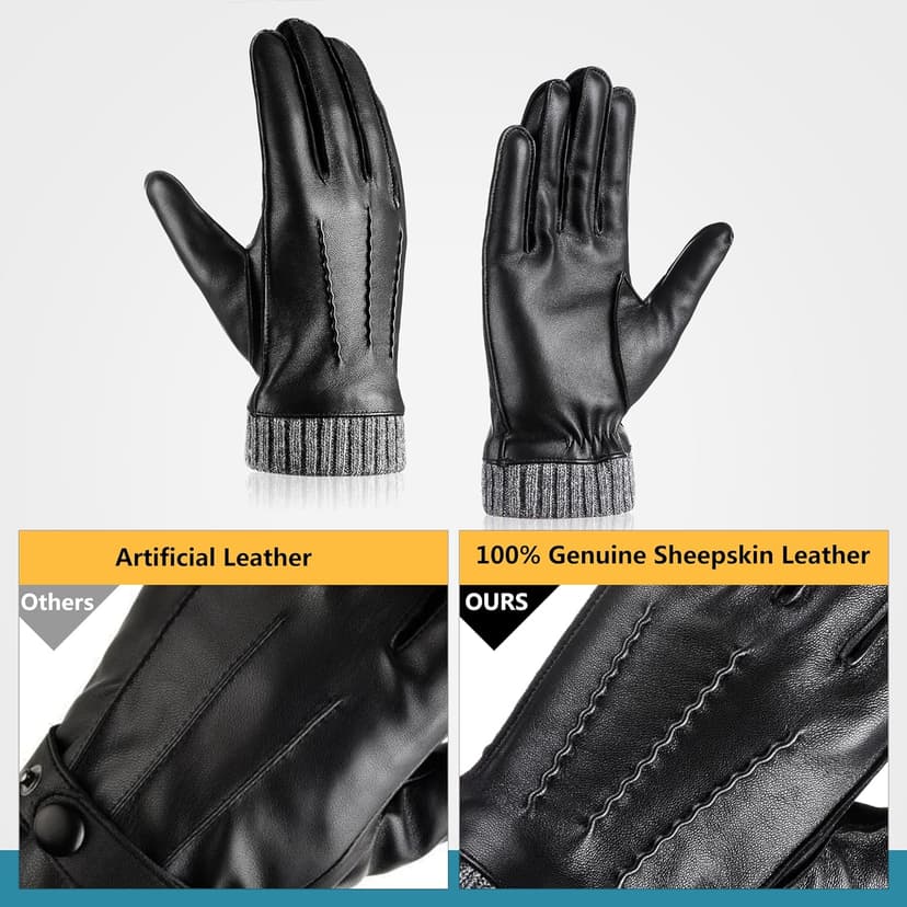 EGSSHOP Winter Warm Genuine Leather Gloves, Cashmere Lined Driving Motorcycle Gloves for Men