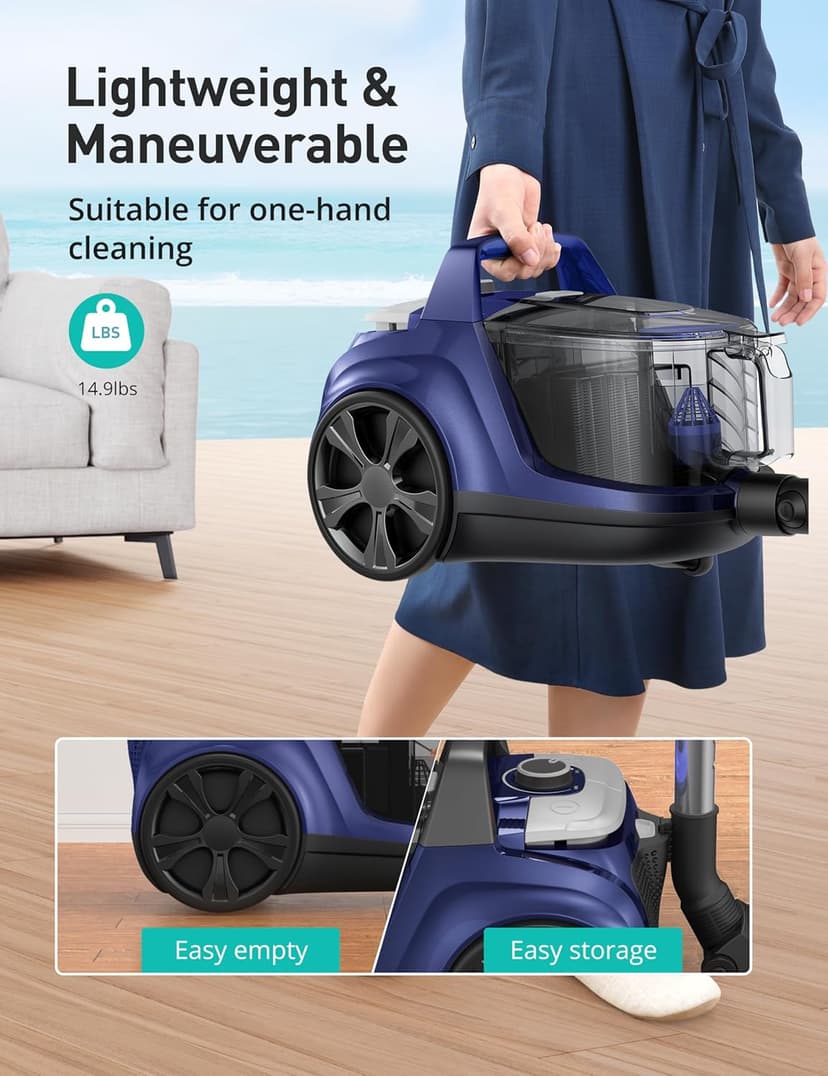 Aspiron Canister Vacuum, Upgraded 1600W Bagless Canister Vacuum Cleaner, Auto Cord Rewind, H13 HEPA Filter, 4Qt Large Capacity, 5 Tools for Hard Floors, Carpet, Pet, Upholstery, Tiles, Sapphire