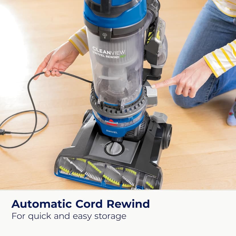 Bissell CleanView Swivel Rewind Vacuum with Automatic Cord Rewind, TurboEraser Upholstery Tool, Triple Action Brush Roll, Swivel Steering, Extension Wand, Easy-Empty Dirt Tank, Multi-Cyclonic Suction