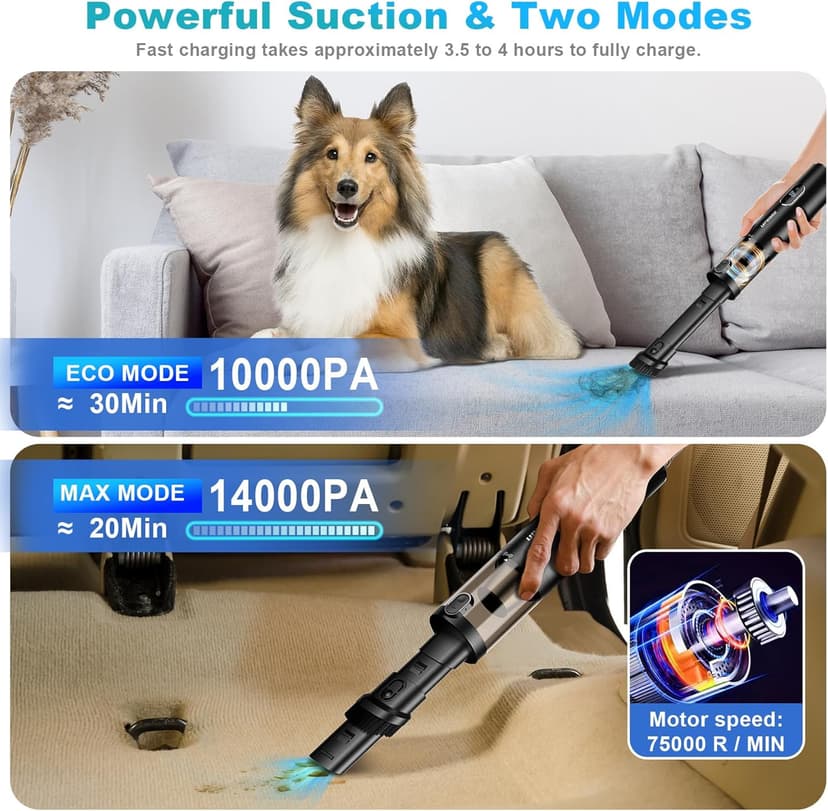 Upbooz Handheld Vacuum Cordless, Car Vacuum with 14000PA Powerful Suction with LED Light, Air Duster 2-in-1,Low Noise Rechargeable Portable Mini Vacuum Cleaner for Car Home Pet Office,Two Gears Black