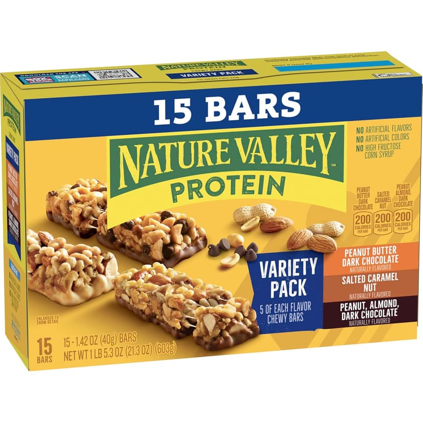 Nature Valley Protein Bars Variety Pack, Gluten Free Chewy Granola Snack Bars, 10g Protein, Peanut Butter Dark Chocolate, Salted Caramel Nut, Peanut Almond Dark Chocolate, 15 Count, 21.3 oz Box