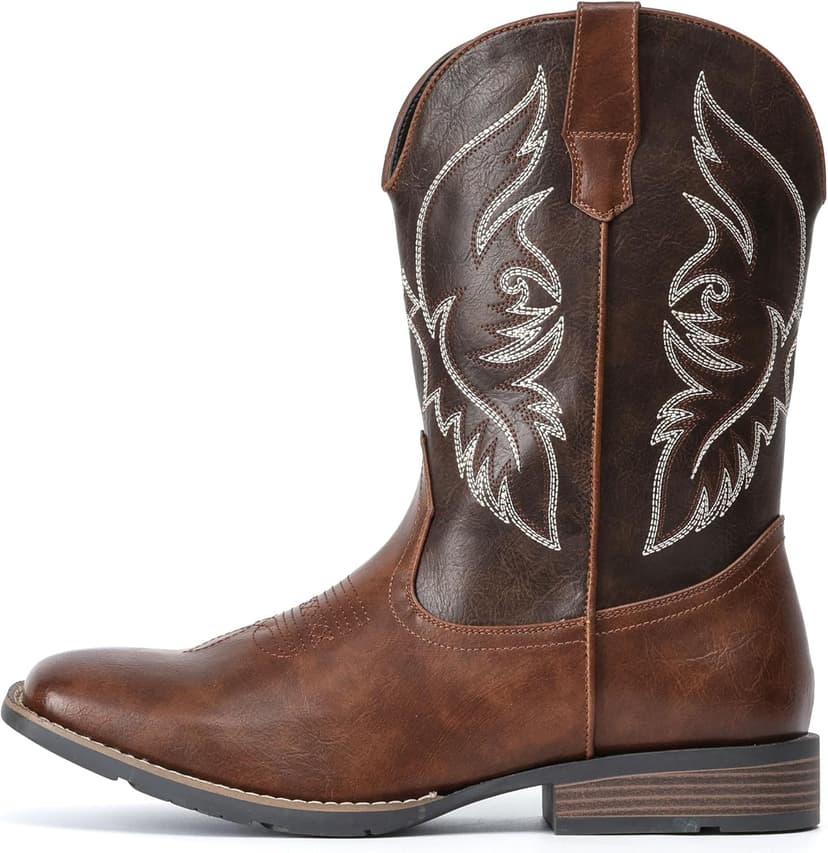 IUV Cowboy Boots For Men Square Toe Western Boot Durable Retro Classic Embroidered Pull On Boot Slip Resistant Country Boots