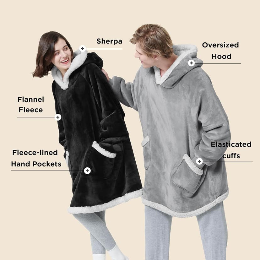 Bedsure Blanket Hoodie, Wearable Blanket for Adults & Kids as Gifts for Women Men, Birthday Gifts for Women Mom Girl Sherpa Oversized Hoodie, Grey, Standard