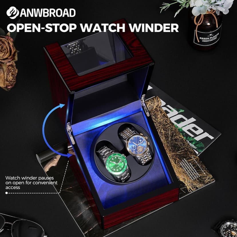 ANWBROAD ANWBROAD Watch Winder for Automatic Watches Double with Super Quiet Motor Flexible Watch Pillows LED Backlight Wooden 5 Modes Battery or Type-C Adapter UJWW001Y