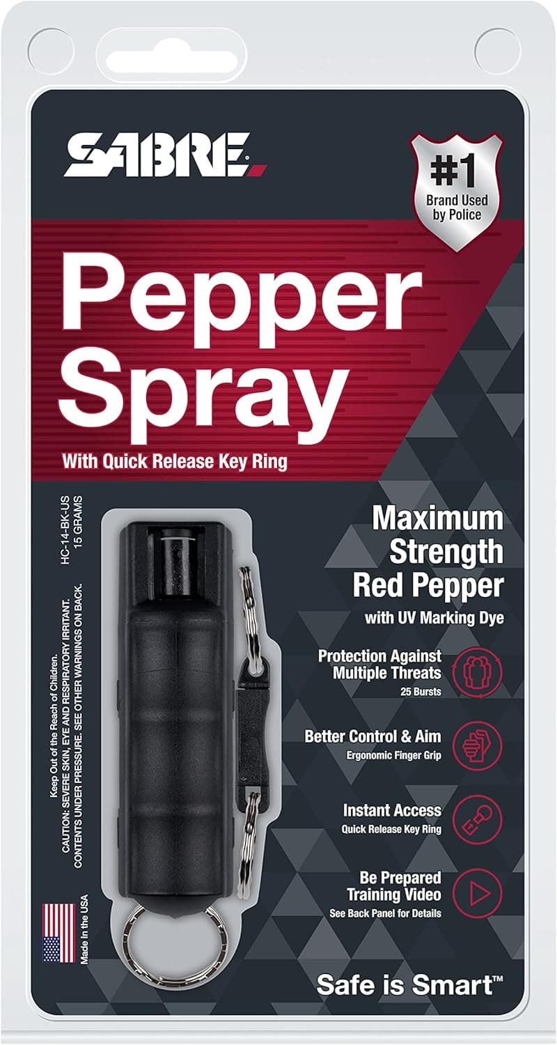 SABRE Pepper Spray - Quick Release Keychain for Easy Carry & Fast Access, Max Police Strength Self Defense OC Spray With UV Dye, 10 Sec. Spray Time, Finger Grip - Faster Aim, 0.54 fl oz, Secure Safety