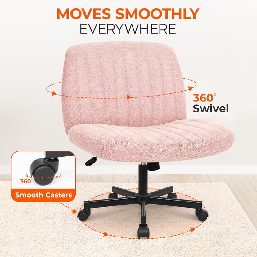 Orange Factory Criss Cross Chair Wheels Wide Cross Legged Office Desk Vanity Chair Comfy Fabric Armless Adjustable Swivel for Home Computer Task (Pink)