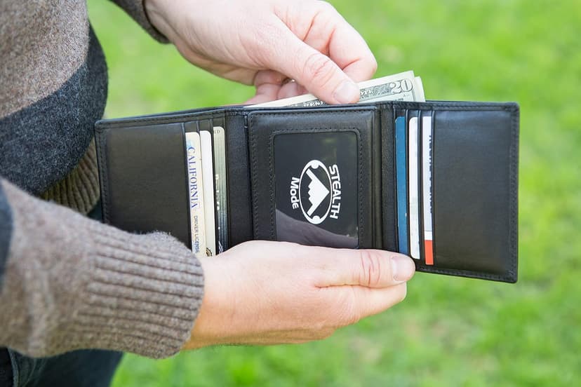 Stealth Mode Leather Trifold RFID Wallet For Men With Flip Out ID Holder (Black)