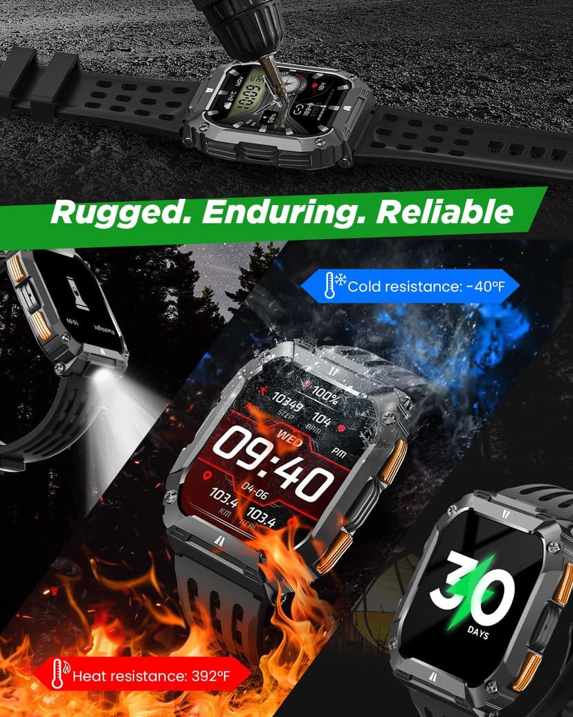 FOSMET Smart Watches for Men, 1.95'' Fitness Watch: Waterproof Military Smart Watch with 100 Days Battery Life/Call/Flashlight/Sleep/SpO2/Heart Rate Monitor/Step Tracker, Sport Smartwatch for Android iPhone