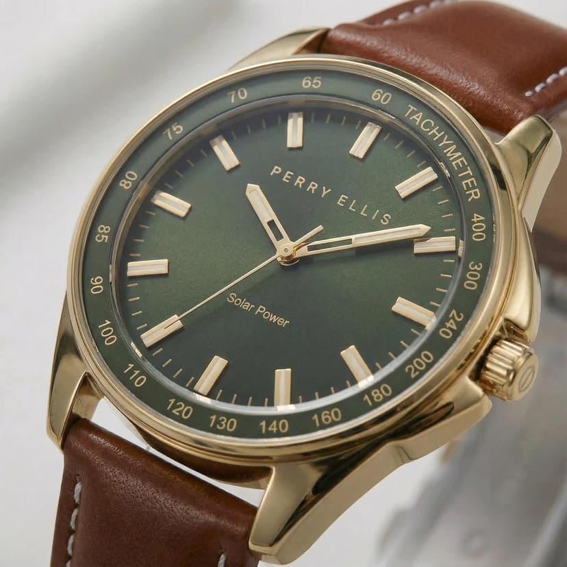 Perry Ellis Solar Powered Mens Watch | Vegan Leather Water-Resistant Analog Wrist Watches for Men | 43mm Case | Aluminum Tachymeter Bezel | Elegant Gift for Man