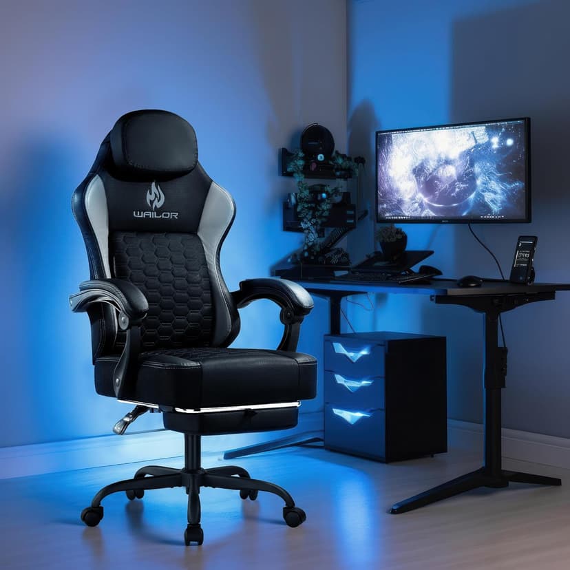 WAILOR Gaming Chair with Pocket Spring Cushion, Video Game Computer Chair with Footrest for Adults, High Back Gamer Leather Chair with Headrest and Lumbar Support for Office Gaming 300LBS