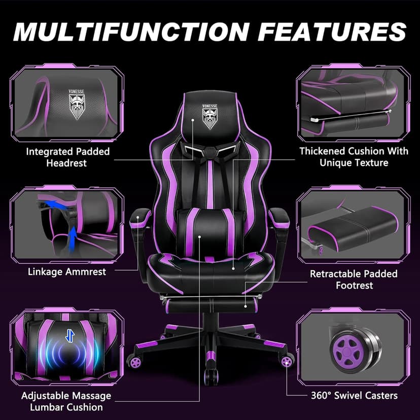 Vonesse Purple Gaming Chair with Footrest, Reclining Computer Gaming Chairs for Adults, Ergonomic Gamer Chair with Massage, Big and Tall PC Game Chair(Purple/Black)