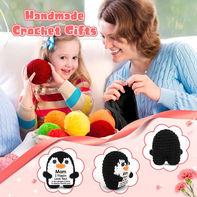 Birthday Gifts for Mom from Daughter Son, Handmade Crochet Mini Penguin Mom Gifts for Birthday Christmas Mama Mother in Law Bonus Step Mothers, Funny I Love You Mum Present Emotional Cute Decor