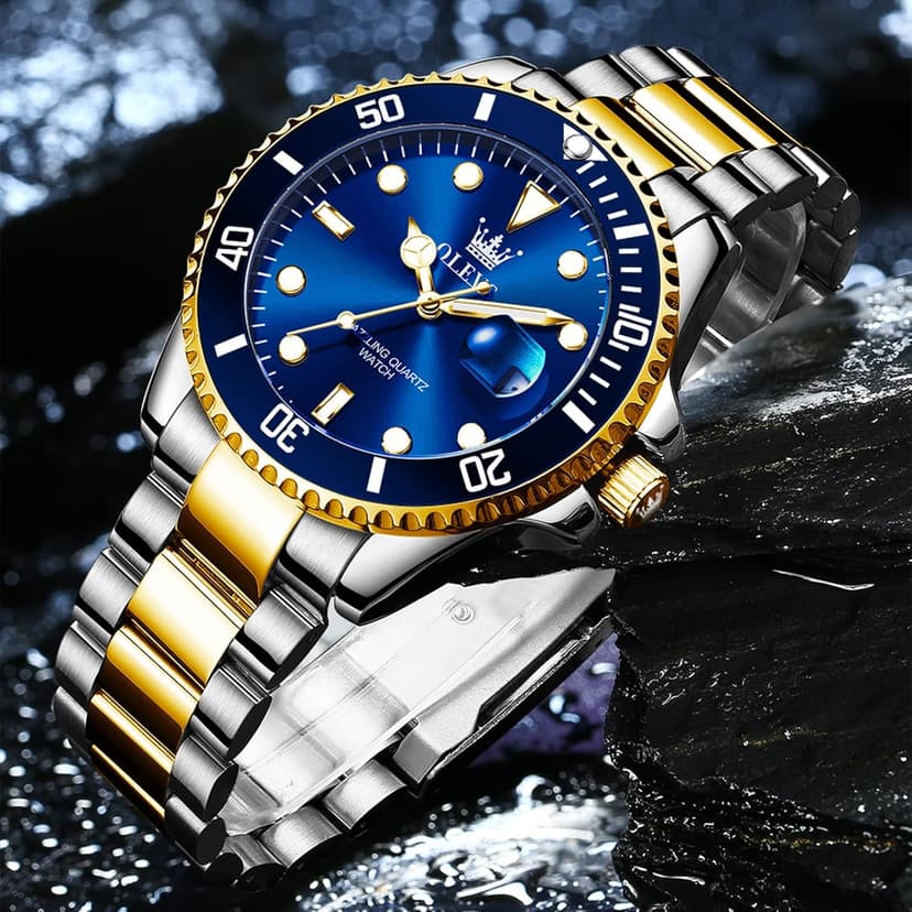 OLEVS Men's Stainless Steel Watch, Big Face Easy to Read Analog Quartz Dress Watches, Classic Rotating Bezel Waterproof Luminous Hands Date Mens Wristwatch