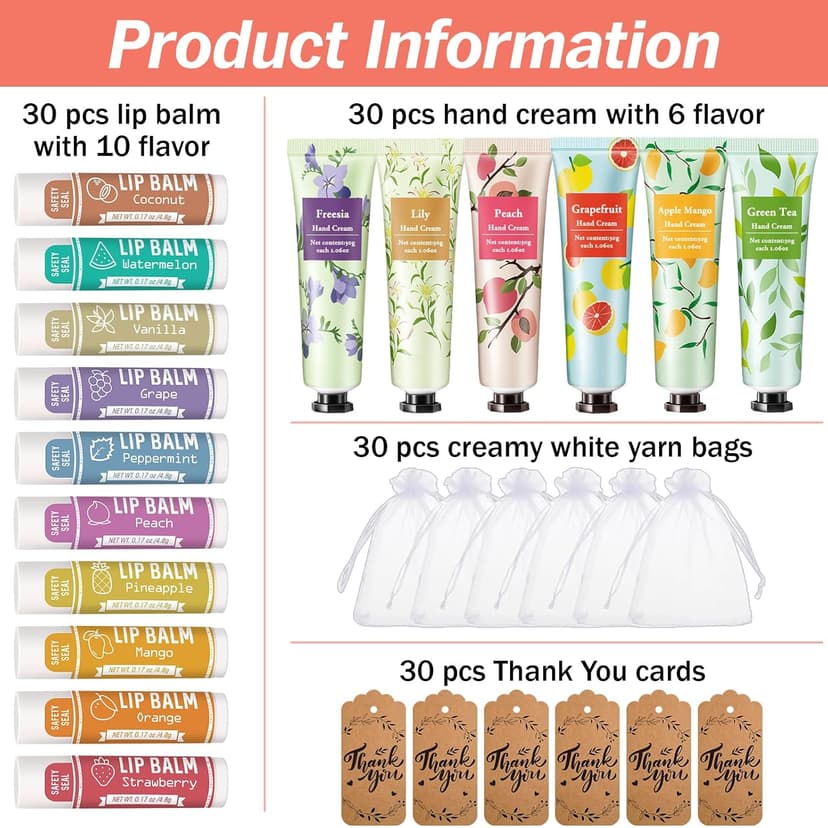 AZEN 30 Sets Bulk Gifts, Hand Cream and Lip Balm Bulk Set with Organza Bag Thank You Card, Baby Shower Wedding Gifts for Guests, Bridal Wedding Favors for Guests,Thank You Gifts for Women