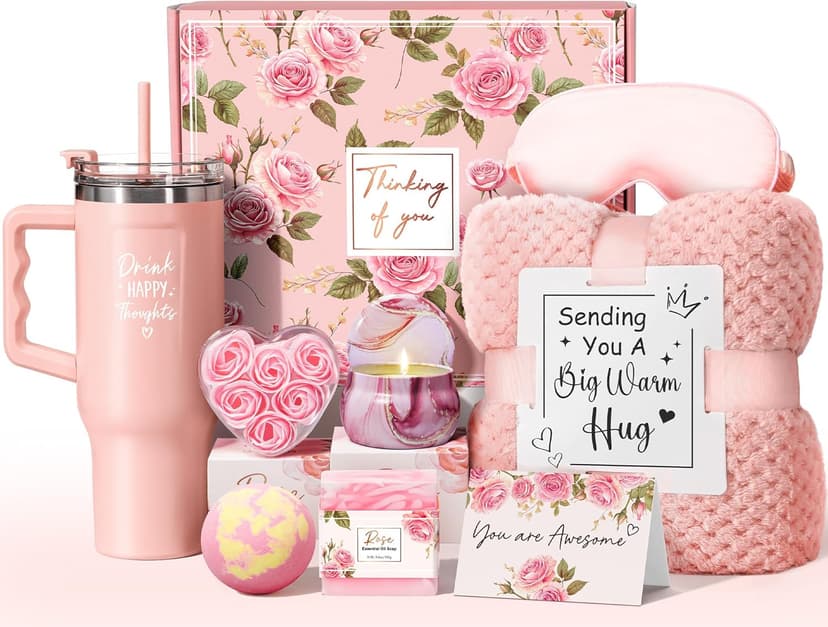 Birthday Gifts for Women Self Care Gifts Get Well Soon Gifts, Rose Relaxing Spa Gifts Basket Care Package w/ Luxury Flannel Blanket 40 oz Tumbler, Mothers Day Gifts for Mom Her Wife Girlfriend Sister