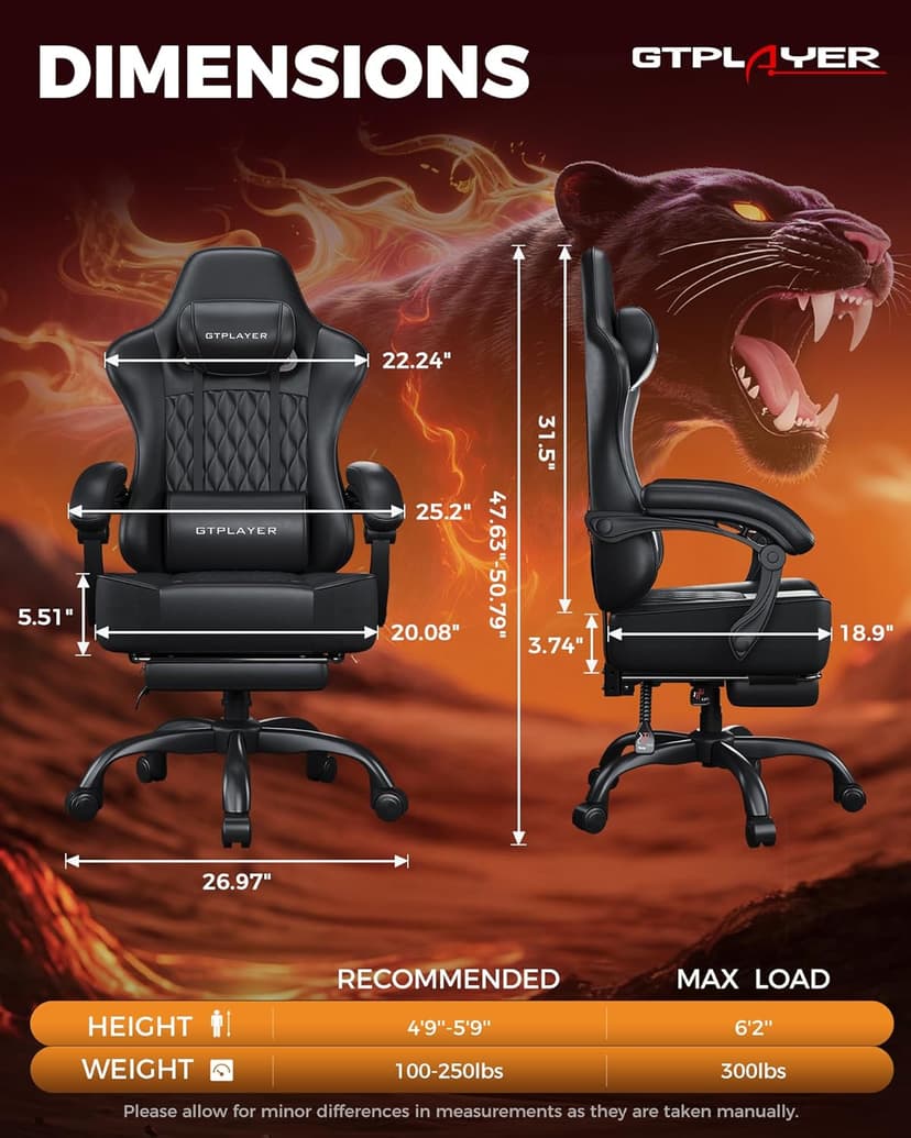 GTPLAYER Big and Tall Gaming Chair with Footrest, Ergonomic Office Desk Chair with 4.4in Thick Cushion and Wide Wingless Seat, Comfortable Leather Computer Chair, Predator Series, Black
