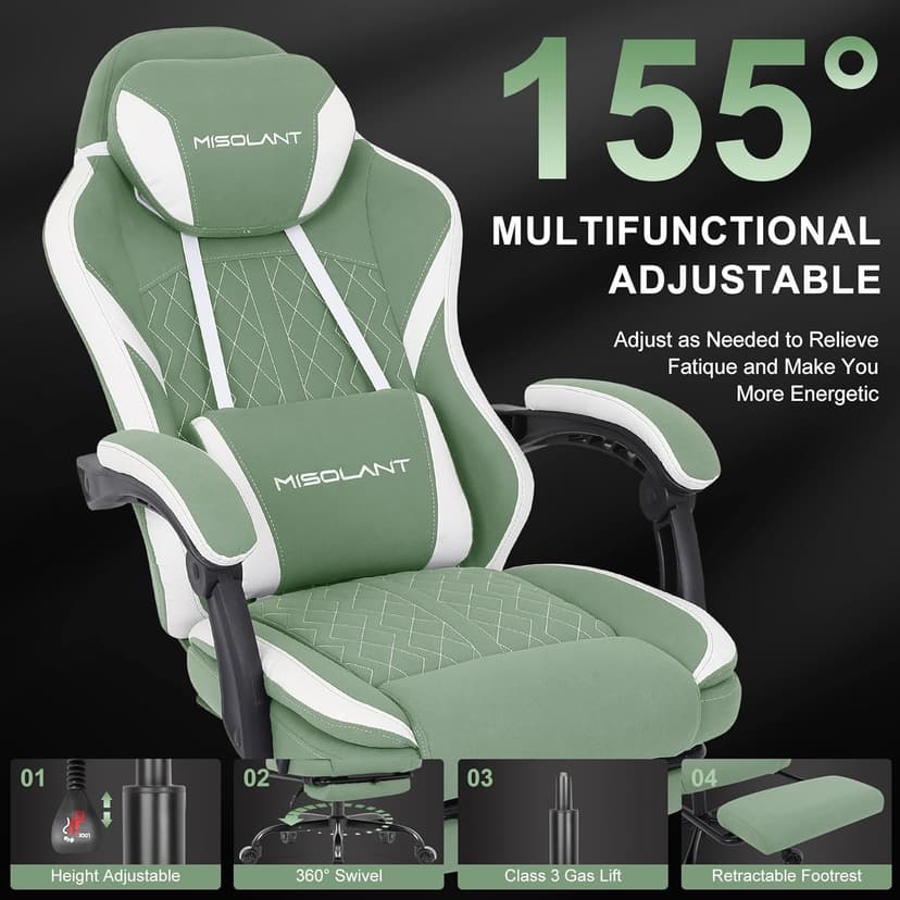 Misolant Gaming Chair, Fabric Gamer Chair with footrest for Adults, High Back Ergonomic Computer Game Chair with Adjustable Headrest and Massage Lumbar Support, 90-155° Recline Free, Green