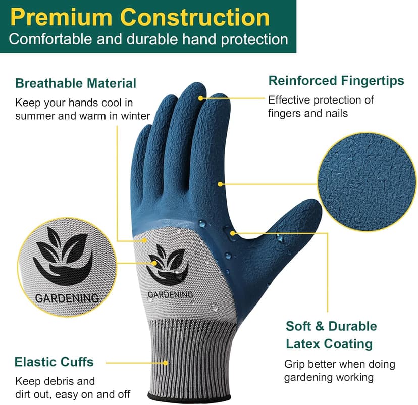 Trifabricy Garden Gloves for Women Men - 6 Pairs Breathable Hard-wearing Latex Coated Gardening Gloves for Women, Indoor/Outdoor Protective Working Gloves with Grip, Blue & Grey