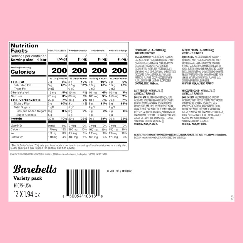 Barebells Protein Bars Variety Pack - 12 Count, 1.9oz Bars - Protein Snacks with 20g of High Protein - Chocolate Protein Bar with 1g of Total Sugars - Perfect on The Go Protein Snack & Breakfast Bars