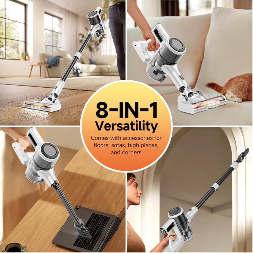 BSNAW Cordless Vacuum Cleaner for Home - Lightweight, Stick Vacuum Clean with Rechargeable Battery, Max 45Mins Runtime, 8 in 1 Handheld Vacuum for Hardfloor & Carpets Pet Hair, White&Yellow