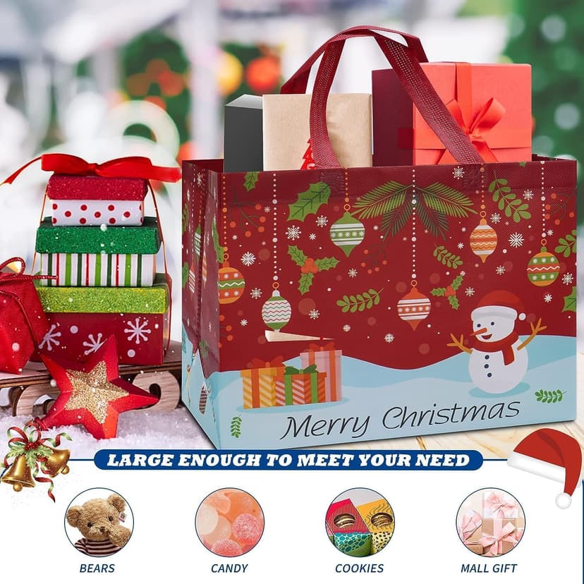 Heetobcos 12 Pack Christmas Gift Bags Large Reusable Tote Bags, Non-Wove Bags for New Year's Shopping, Christmas Surprise, Xmas Party Supplies,12.8"×9.8"×6.7"