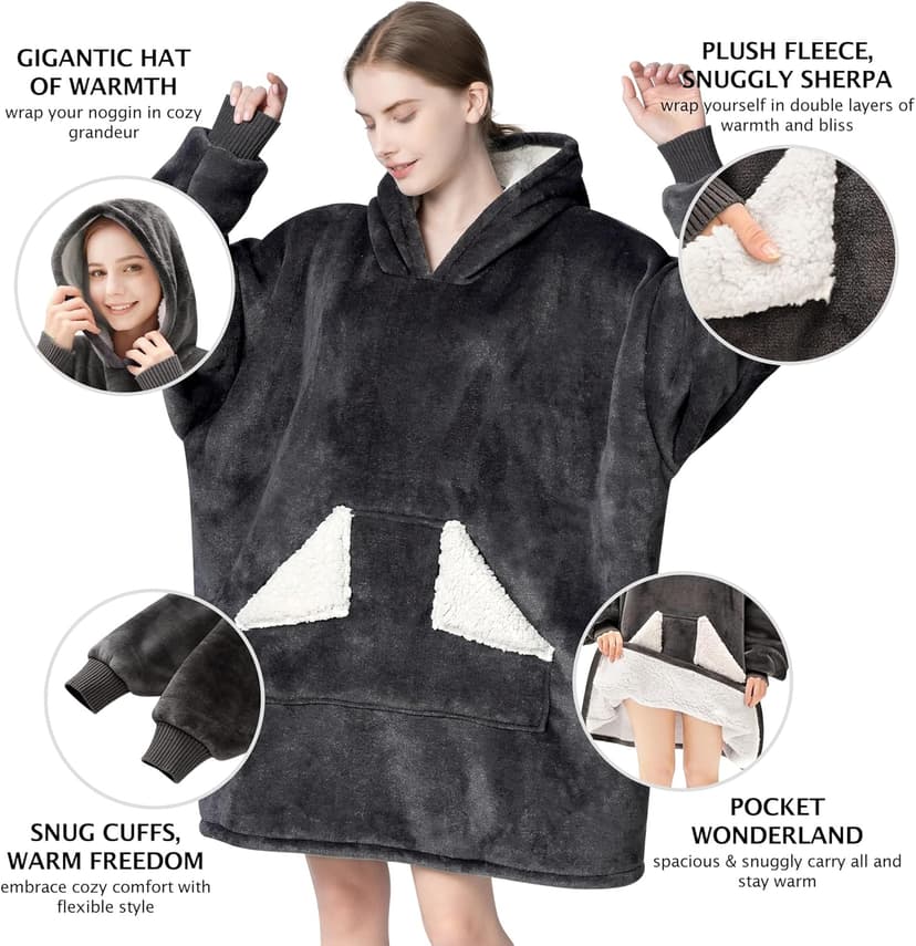 Touchat Wearable Blanket Hoodie, Oversized Sherpa Fleece Sweatshirt Blanket with Giant Hood Pocket and Sleeves for Adult, Warm & Cozy Grey Blanket Gifts for Women