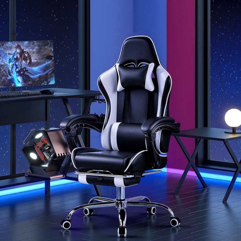 VECELO Ergonomic Gaming Chair with Footrest, Comfy Recliner Computer Chair, Swivel Seat, Height Adjustable, High Back PU Leather, Lumbar Support, Headrest for Adults, Black