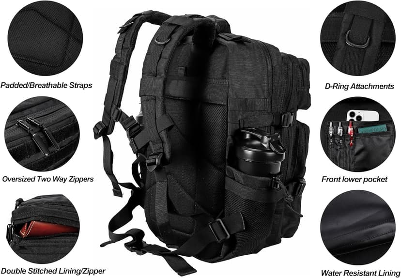 LHI Military Tactical Backpack for Men and Women 45L Army 3 Days Assault Pack Bag Large Rucksack with Molle System - Black