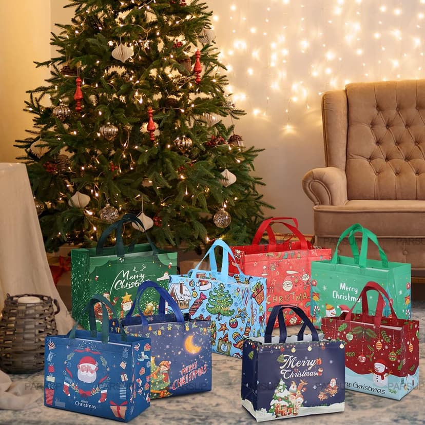PARSUP Multifunctional Non-Woven Christmas Bags for Gifts Wrapping Shopping - Treat Bags with Handles, Xmas Party Supplies